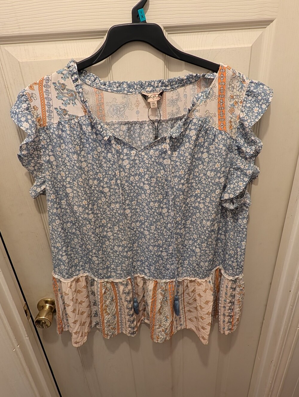 Gigio Blue Floral Peasant Top with Ruffle Sleeves Size 2X